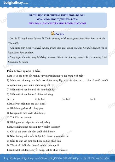 Đề thi học kì 2 KHTN 6 Cánh diều - Đề 1